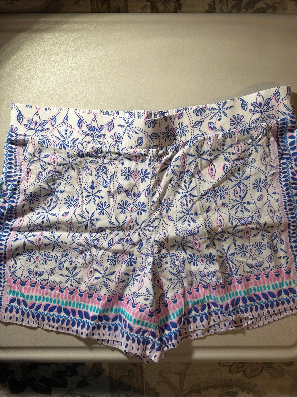 Lilly Pulitzer White High-Waist Printed Drawstring Shorts with Blue & Pink
